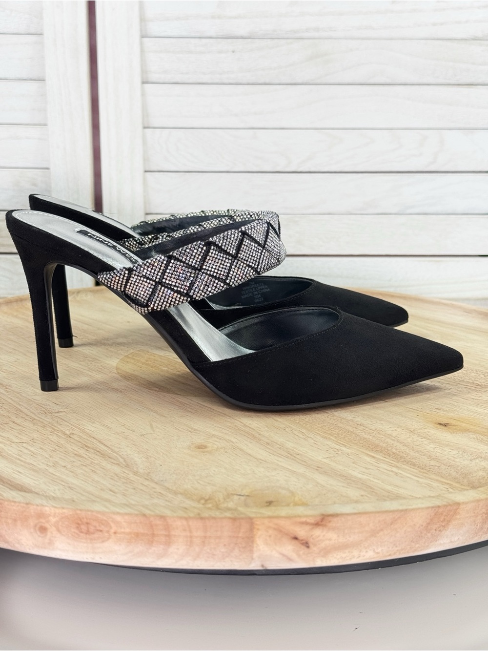 Nine West Greet Rhinestone Strap‎ Pointed Toe Mule Pumps Black Silver 7